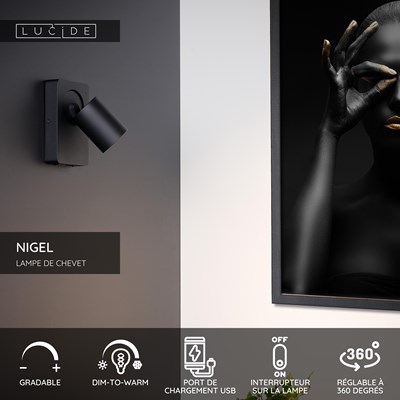 Lucide NIGEL - Lampe de chevet / Applique mural - LED Dim to warm - GU10 - 1x5W 2200K/3000K - Point de rechargement USB - Noir